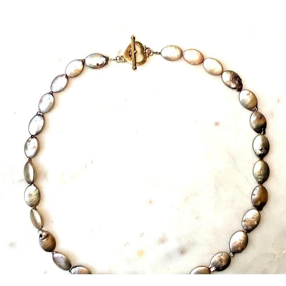 Freshwater Pearl Coin Necklace Pink Gold Green Purple Iridescent Baroque Pearls